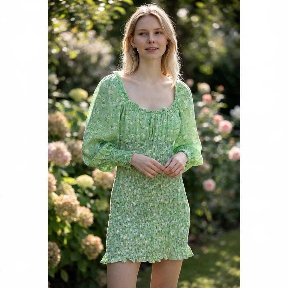 Faithfull The Brand Green Floral Smocked Mini Dress Long Sleeve Size Large US 8
